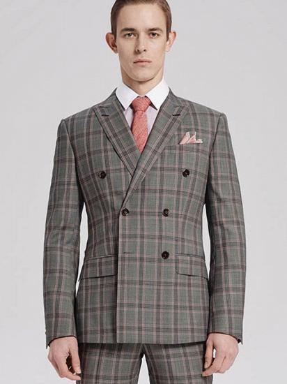 Pink Checked Pattern Double Breasted Grey Mens Suits Sale for Business_2