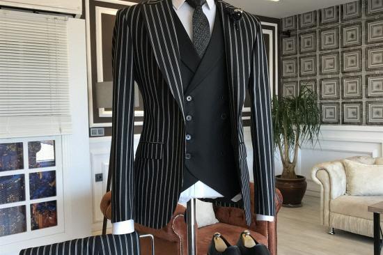 Levi Fashion Black And White Striped 3-pieces Peaked Lapel Suits For Men_2