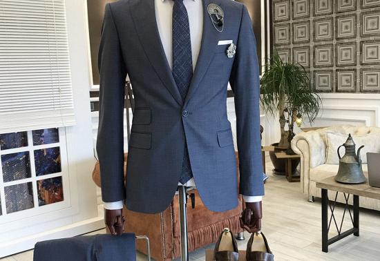 modern navy blue peaked lapel slim fit men suits for business_2