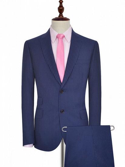 Vertical Stripes Peak Lapel Mens Suits for Business | Two Buttons Navy Blue Suits for Men