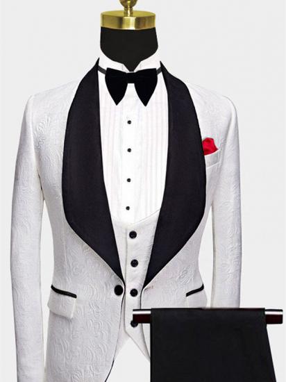 Floral White Men Suits with Black Lapel | Three Pieces Dinner Suits for Men_1