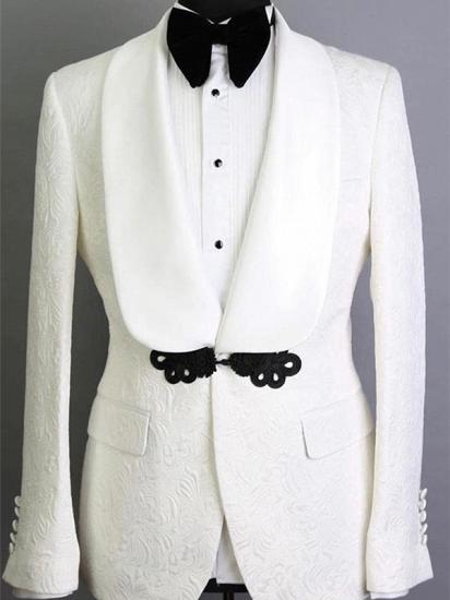 White Shawl Lapel Jacquard Groom Suits | Elegant Slim Fit Tuxedos for Wedding 2 Pieces_1