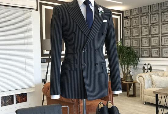 Milo Classic Black Striped Double Breasted Peaked Lapel Business Suits_2