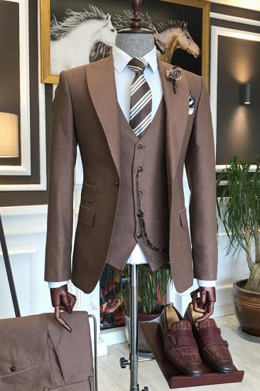 Claude Chic Brown Peaked Lapel Three Pieces Best Fitted Business Men Suits_1