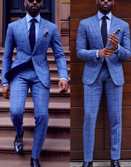 Fashion Blue Plaid Peaked Lapel Two-Piece Formal Business Mens Suit_1
