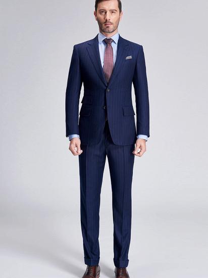 Elegant Light Grey Stripes Flap Pockets Navy Blue Mens Suits for Formal