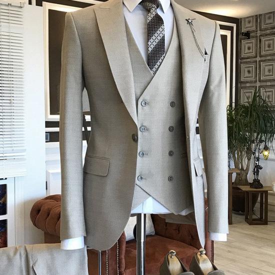 Luther Popular Light Khaki Peaked Lapel 2 Flaps Bespoke Business Suits_1