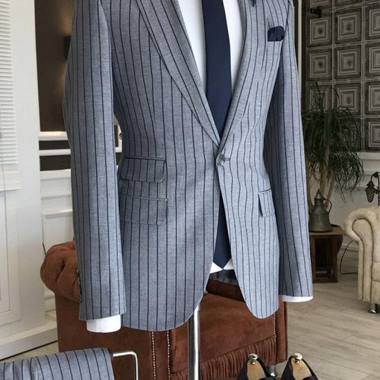 Myron Gray Striped Peaked Lapel Slim Fit Formal Business Men Suits