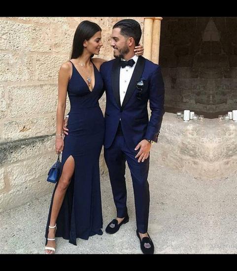Dark Blue One Button Two-Piece Prom Men Suits with Black Lapel_2