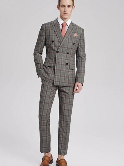 Pink Checked Pattern Double Breasted Grey Mens Suits Sale for Business_1