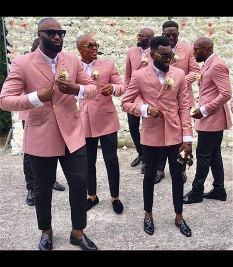 Stylish Pink Double Beasted Peaked Lapel Groomsmen Suits for Wedding_2