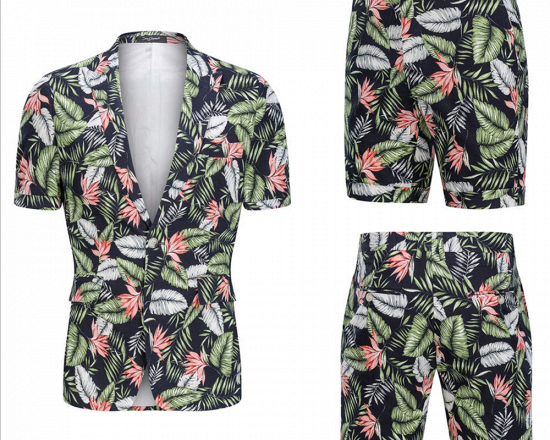 tylish Hawaiian Leaf Printed Summer Men's Suit | 2 Piece Casual Short Cotton Suits for Beach_5