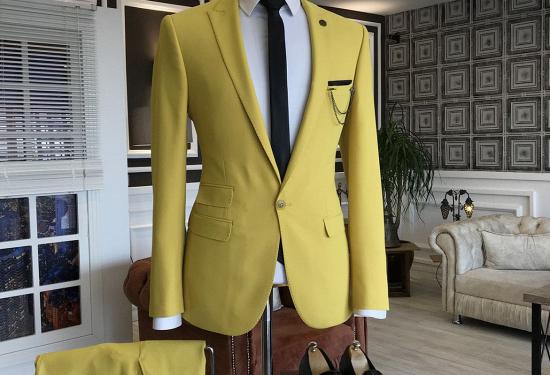 Solomon Yellow Peaked Lapel One Button 3 Flaps Prom Men Suits_2
