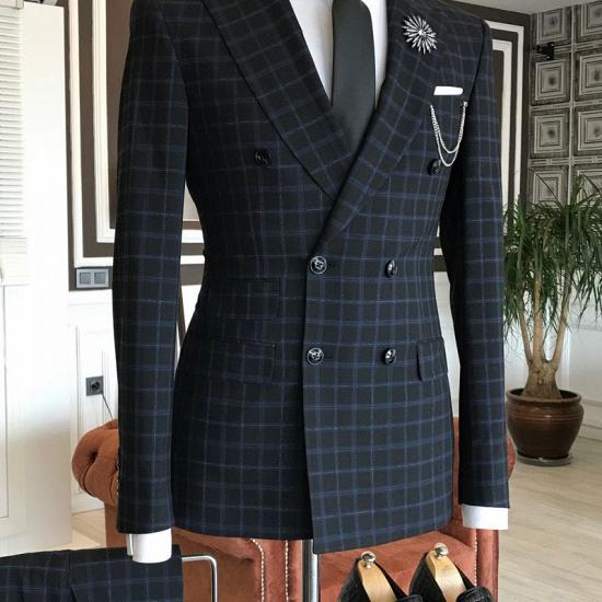 Hyman Formal Black Plaid Peaked Lapel Double Breasted Bespoke Business Men Suits_1
