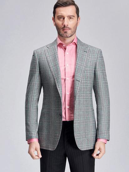 Casual Green Plaid Patch Pocket Grey Mens Business Suit Blazer Jacket_2