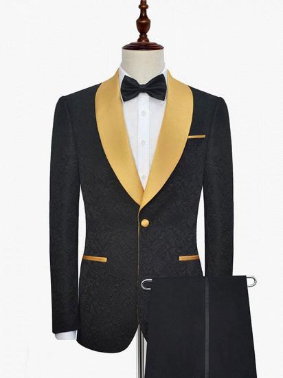 Gold Shawl Lapel One Button Wedding Tuxedo | Black Jacquard Prom Suits_1