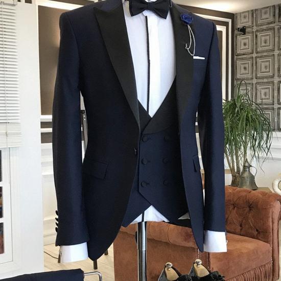 Trendy Dark Blue Prom Men Suits With Black Peaked Lapel_1