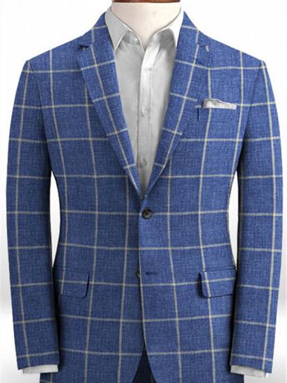 Blue Business Two Pieces Men Suits | Linen Plaid Tuxedo_1