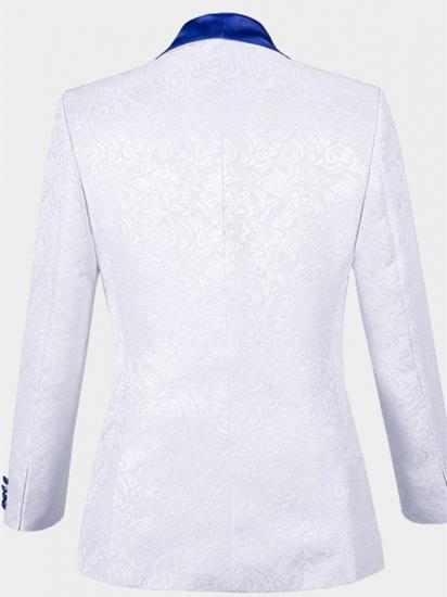 White Jacquard Tuxedo with Blue Shawl Lapel | Three Pieces Suits Sale_2