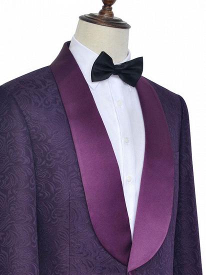 Luxury Dark Purple One Button Wedding Tuxedos | Silk Shawl Lapel Jacquard Prom Suits_4