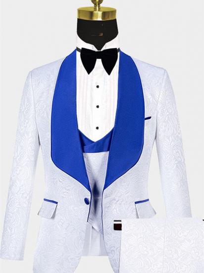 White Jacquard Tuxedo with Blue Shawl Lapel | Three Pieces Suits Sale_1
