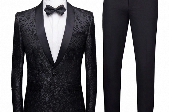 Black Jacquard Shawl Lapel Men Suits | Unique Slim Fit Two-Pieces Wedding Groom Tuexdos_3