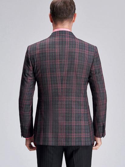 Peak Lapel Patch Pocket Red Plaid Grey Suit Blazer for Men_4