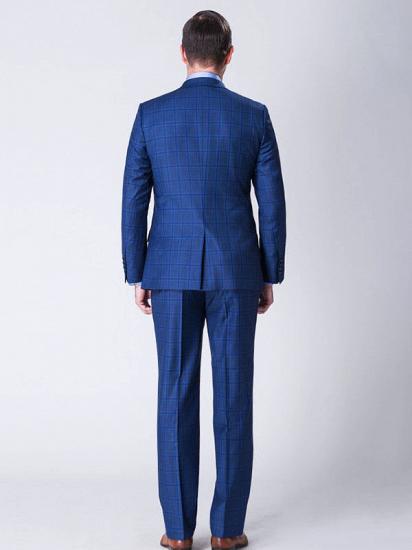 Peak Lapel Plaid Two Buttons Blue Luxury Mens Suits_3