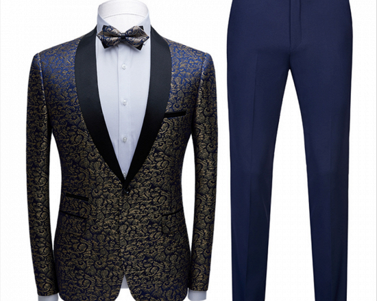 Modern Black Satin Shawl Lapel Wedding Tuxedos | Gold Jacquard Blue Men's Suits for Prom_3