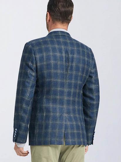 Classic Peak Lapel Navy Blue Plaid Suit Blazer Jacket for Men_2
