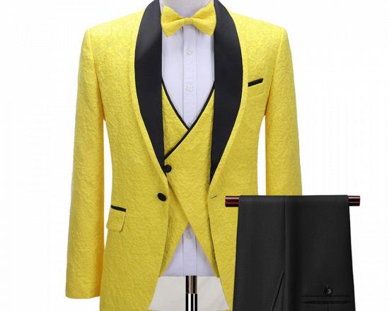 Alejandro Handsome Yellow One Button Three-Piece Wedding Suit with Black Lapel_2