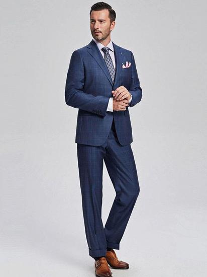 Fashionable Blue Plaid Mens Business Suits with Three Flap Pockets_2