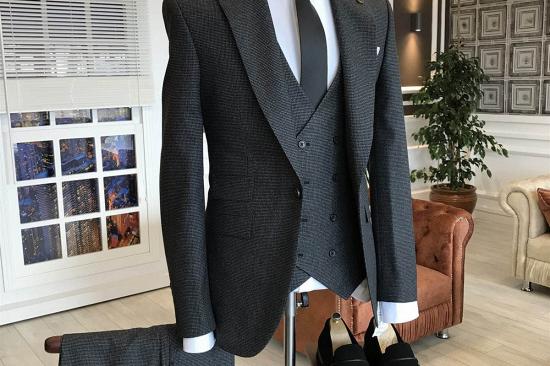 Osmond Black Small Plaid Peaked Lapel Double Breasted Waistcoat Custom Business Suits_2