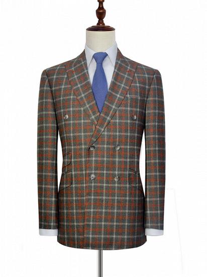 Orange Grey Checked Double Breasted Mens Suits | Peak Lapel Leisure Suits_1