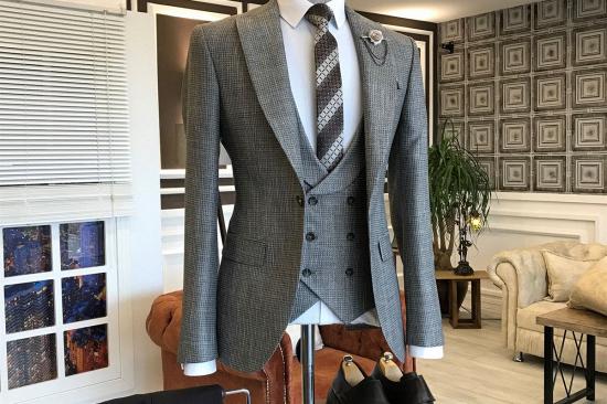 Charles Dark Gray Small Plaid Peaked Lapel 2 Flaps Slim Fit Business Men Suits_2