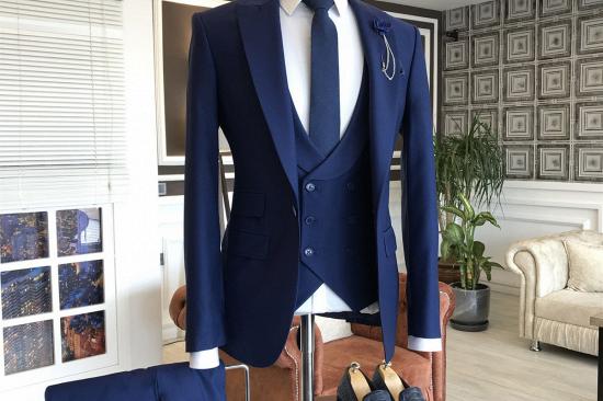 Owen Modern Navy Blue 3-Pieces Peaked Lapel Slim Fit Business Men Suits_2