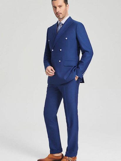 Elegant Blue Double Breasted Suits for Men | Peak Lapel Three Flap Pockets Mens Suits_1