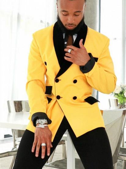 Stylish Yellow Double Breasted Slim Fit Mens Suits with Black Shawl_2