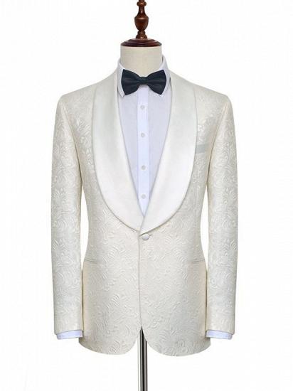 Popular Jacquard White Tuxedos for Wedding | Silk Shawl Lapel One Button Wedding Suit for Men_1