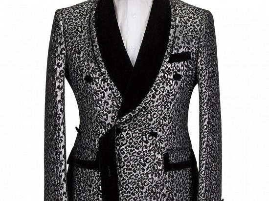 Black Stitching Silver Leopard Jacquard Men's Suit | Shawl Lapel Double Breasted Wedding Suit for Formal with Shirt_1
