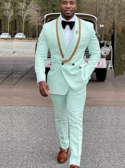 Conor Mint Green Fashion Shawl Lapel Double Breasted Wedding Suits with Appliques_1