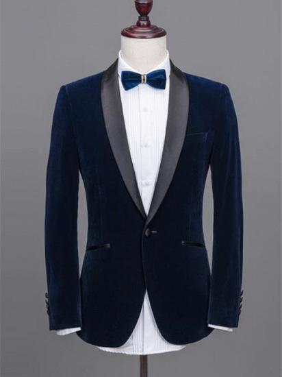 Navy Blue Shawl Lapel Velvet Prom Suits | 2020 Best Man Tuxedos 2 Pieces_2