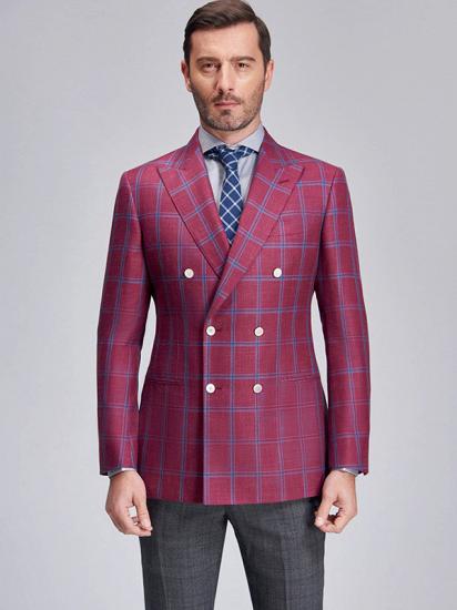 Gentlemanly Blue Plaid Peak Lapel Double Breasted Blazer Jacket for Men_1