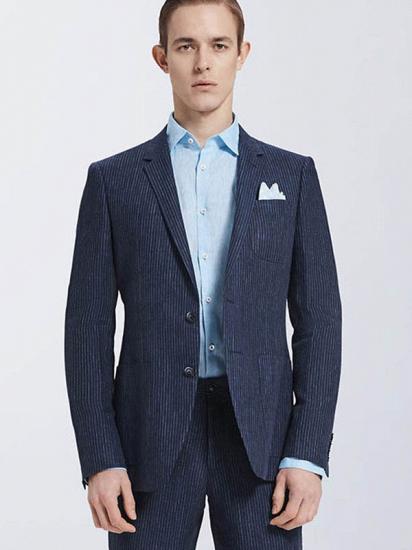 Modern Dark Navy Mens Casual Suits | Stripes Patch Pockets Daily Men's Suits_2