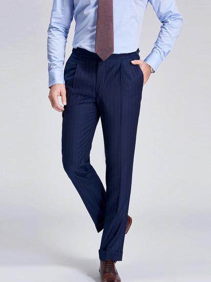 Elegant Light Grey Stripes Flap Pockets Navy Blue Mens Suits for Formal_5