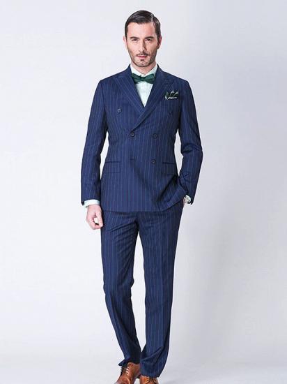 Gentlemanly Blue Wide Stripes Double Breasted Peak Lapel Dark Navy Mens Suits_1