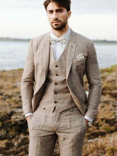 Khaki Linen Summer Beach Mens Classic Suits | 2020 Groom Wedding Tuxedos with 3 Pieces_1