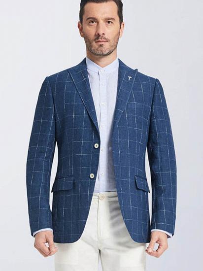 Casual Peak Lapel Navy Blue Plaid Suit Jacket | Pure Linen New Blazers_1