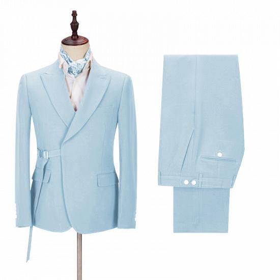 Justin Bespoke Sky Blue Peaked Lapel Men Suits with Adjustable Buckle_2
