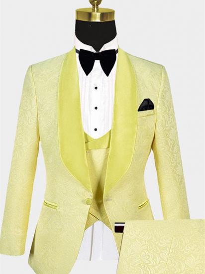 Yellow Jacquard Men Suits | Three Pieces Shawl Lapel Tuxedo
